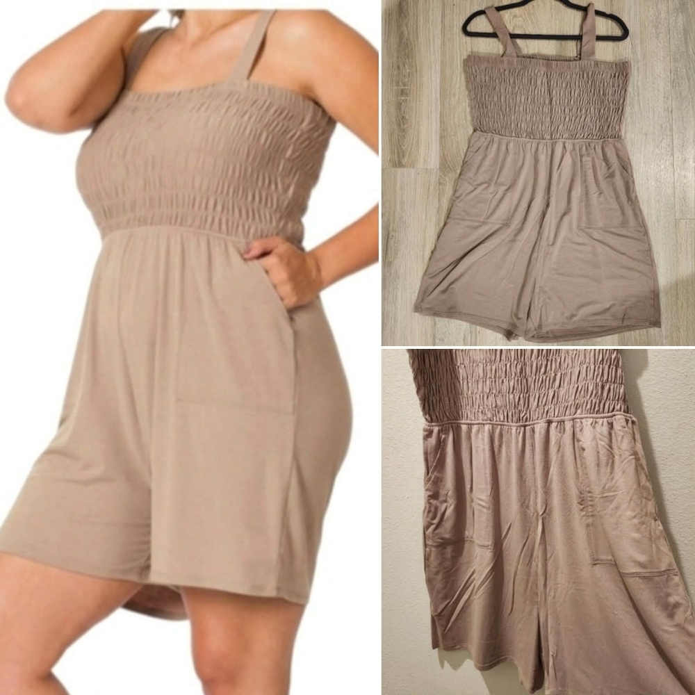 Zenana PLUS SIZE SMOCKED TOP ROMPER WITH POCKETS